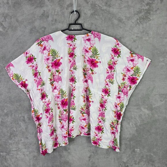 Womens Hawaiian Hangover White & Pink Floral Kimono Style Top Rayon One Size - Picture 4 of 7